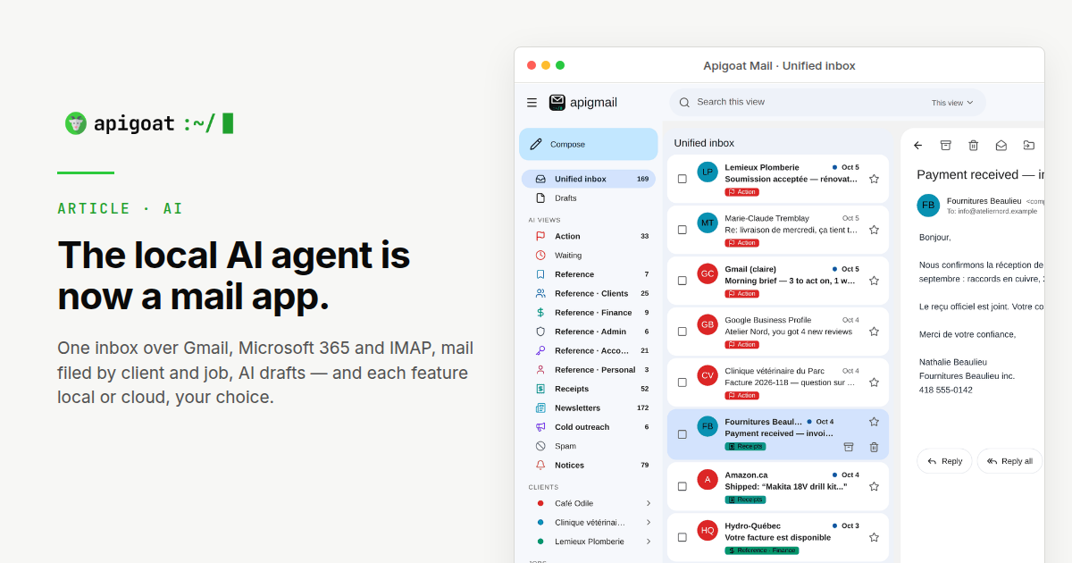 The app on 9 October: one inbox over three mailboxes, the thirteen AI views, clients and jobs in the sidebar, and a receipt open with the AI draft-reply and Analyse buttons. Names, subjects and amounts are fictional.