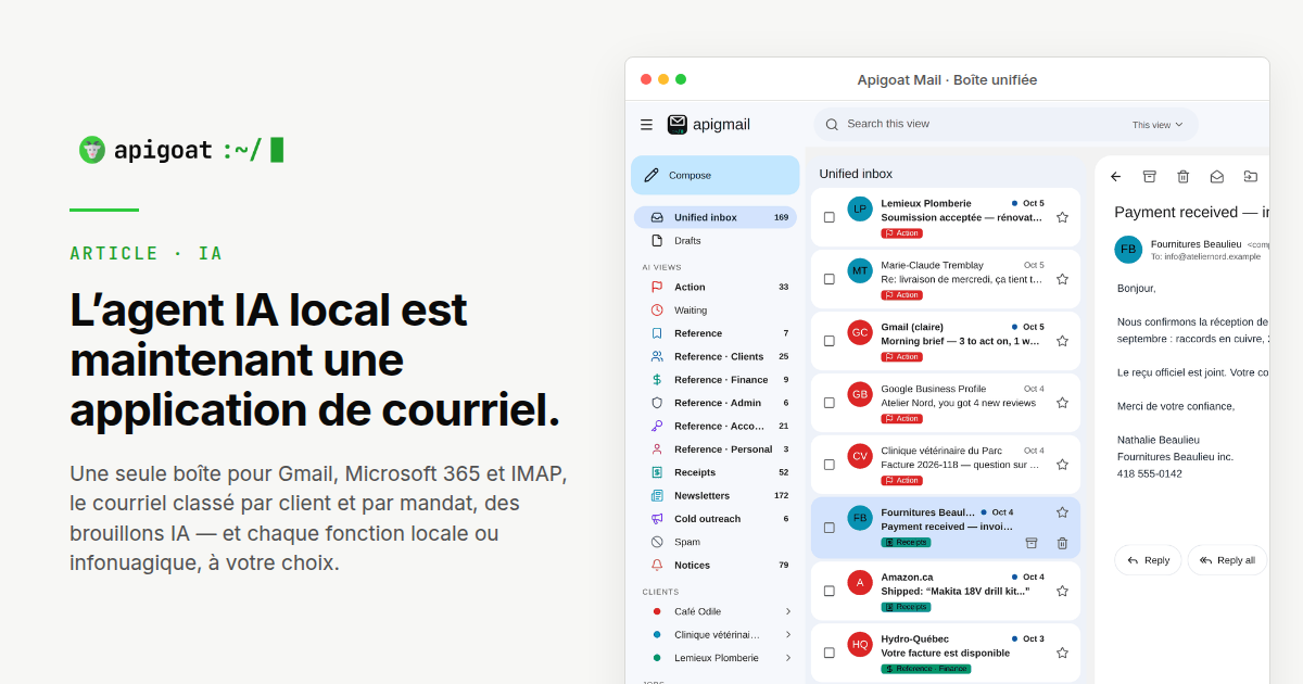L'application au 9 octobre : une seule boîte pour trois boîtes de courriel, les treize vues IA, les clients et les mandats dans la barre latérale, et un reçu ouvert avec les boutons de brouillon IA et Analyser. Noms, sujets et montants fictifs.
